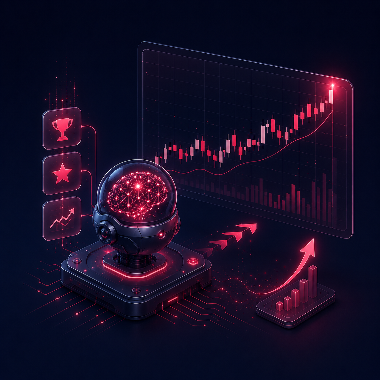 Isometric illustration of a deep reinforcement-learning stock trading agent