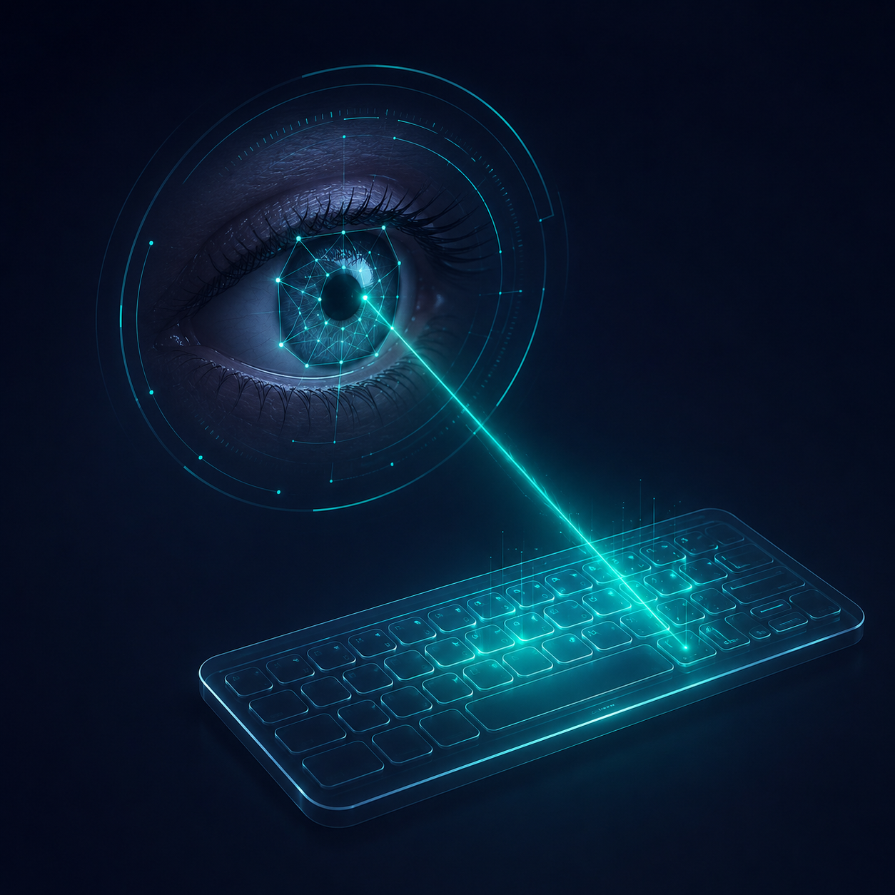 Isometric illustration of a gaze-controlled hands-free keyboard using computer vision