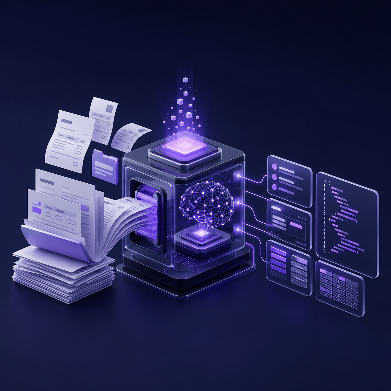 Isometric illustration of LLM-powered invoice and document data extraction