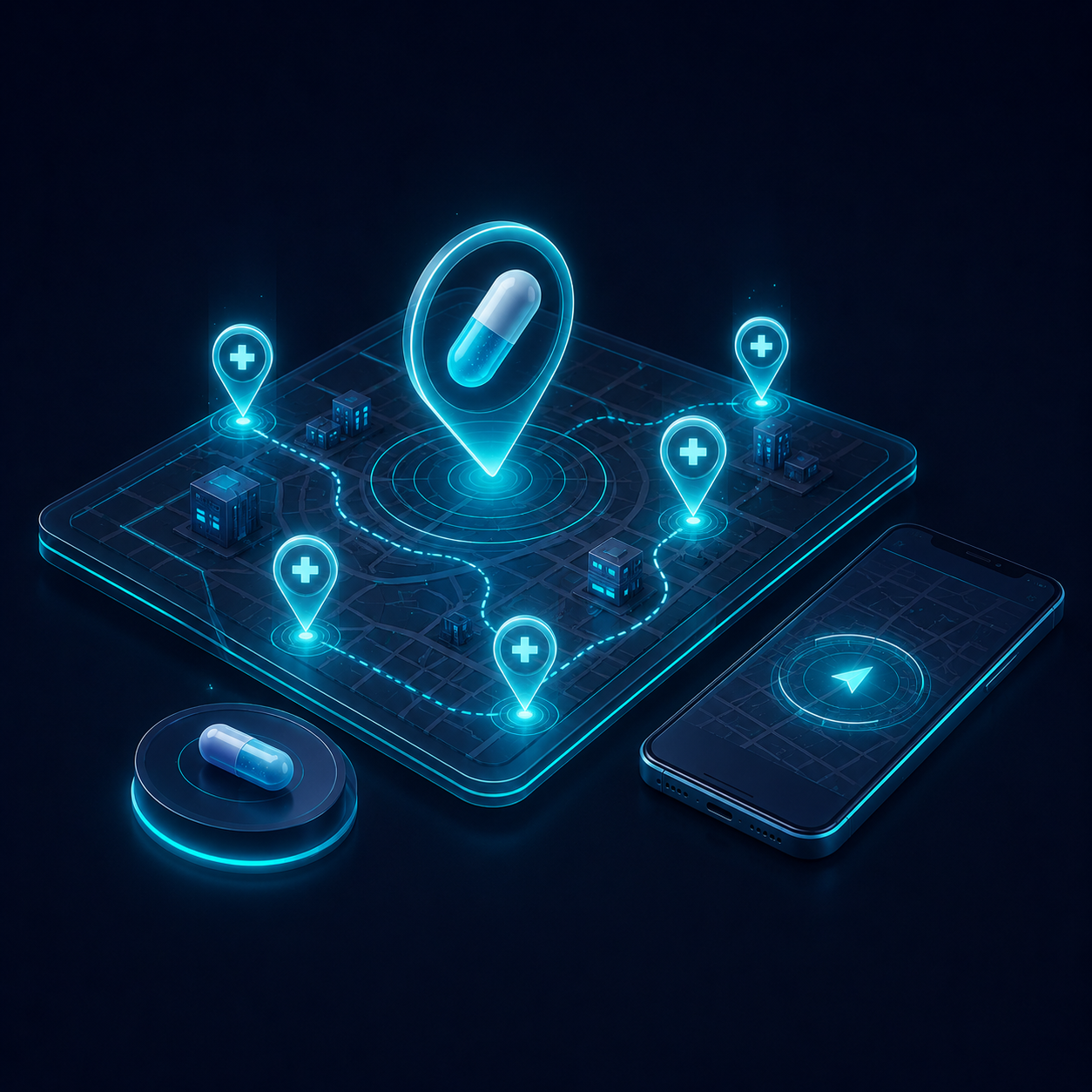 Isometric illustration of a pharmacy and medication finder map