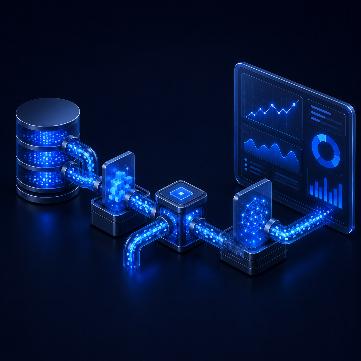 Isometric illustration of a real-time ETL data pipeline from database to dashboard