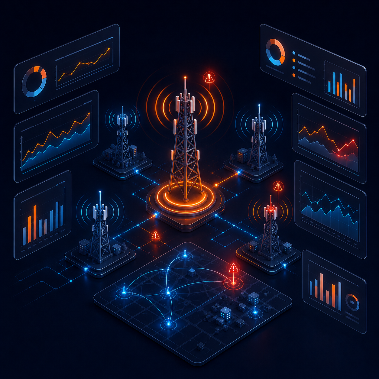 Isometric illustration of a telecom KPI data pipeline with anomaly detection
